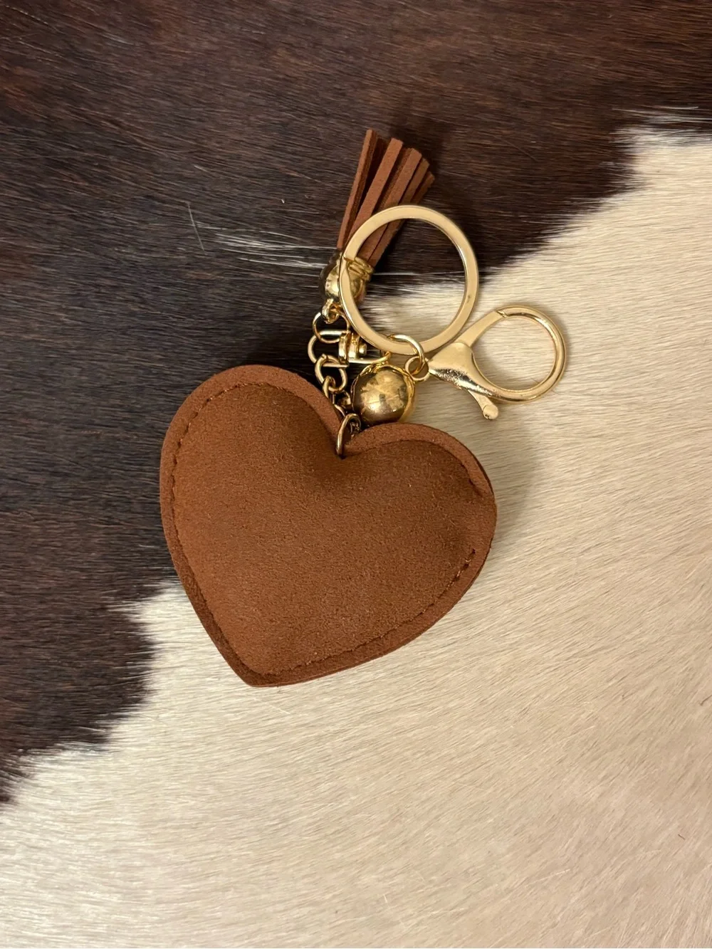 Cowhide Heart Keychain with Rhinestone Trim - Brown & White